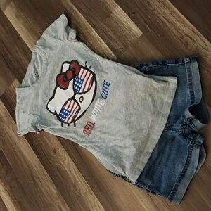 Gray Hello Kitty T-shirt Red White & Blue Size Small (6) Denim DKNY Shorts Sz 6X